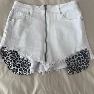 White Denim Shorts with Leopard Print Accents